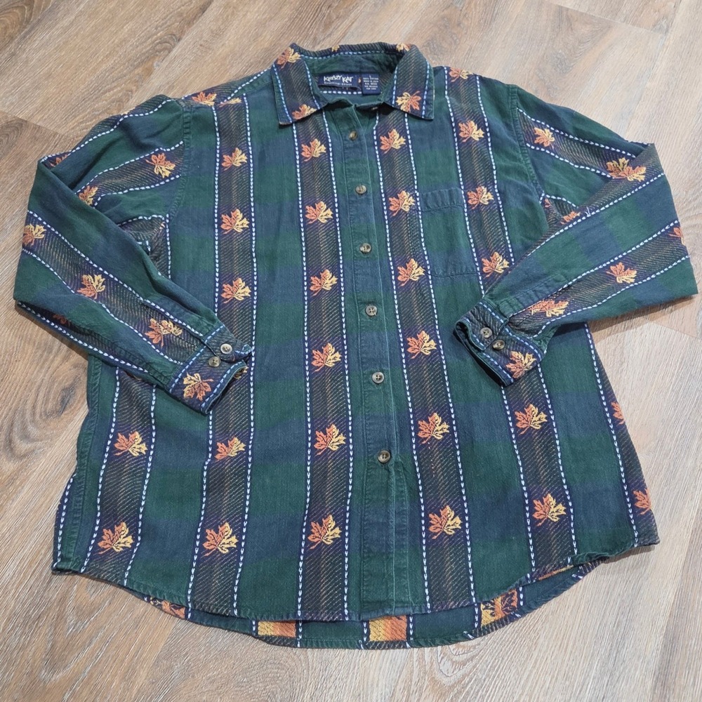 Krazy Kat Womens Green Plaid Embroidered Maple Leaf Button Down Shirt Large L